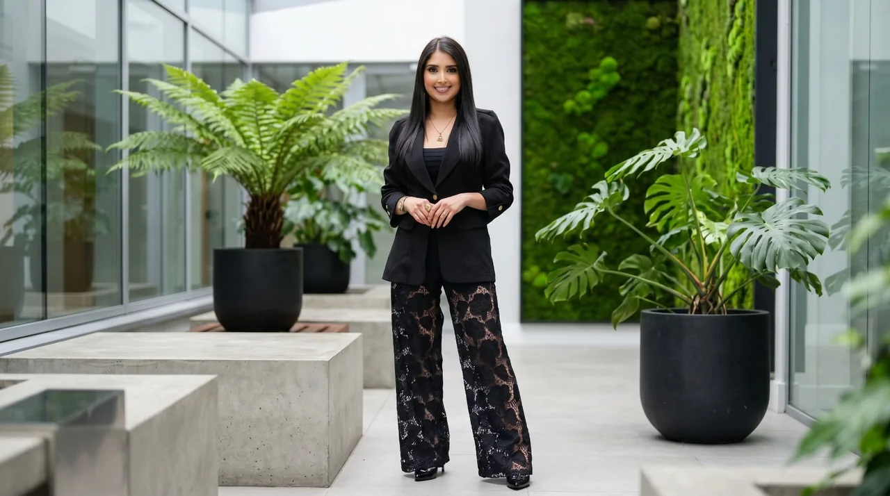 Jeinny García en un patio interior con jardín vertical