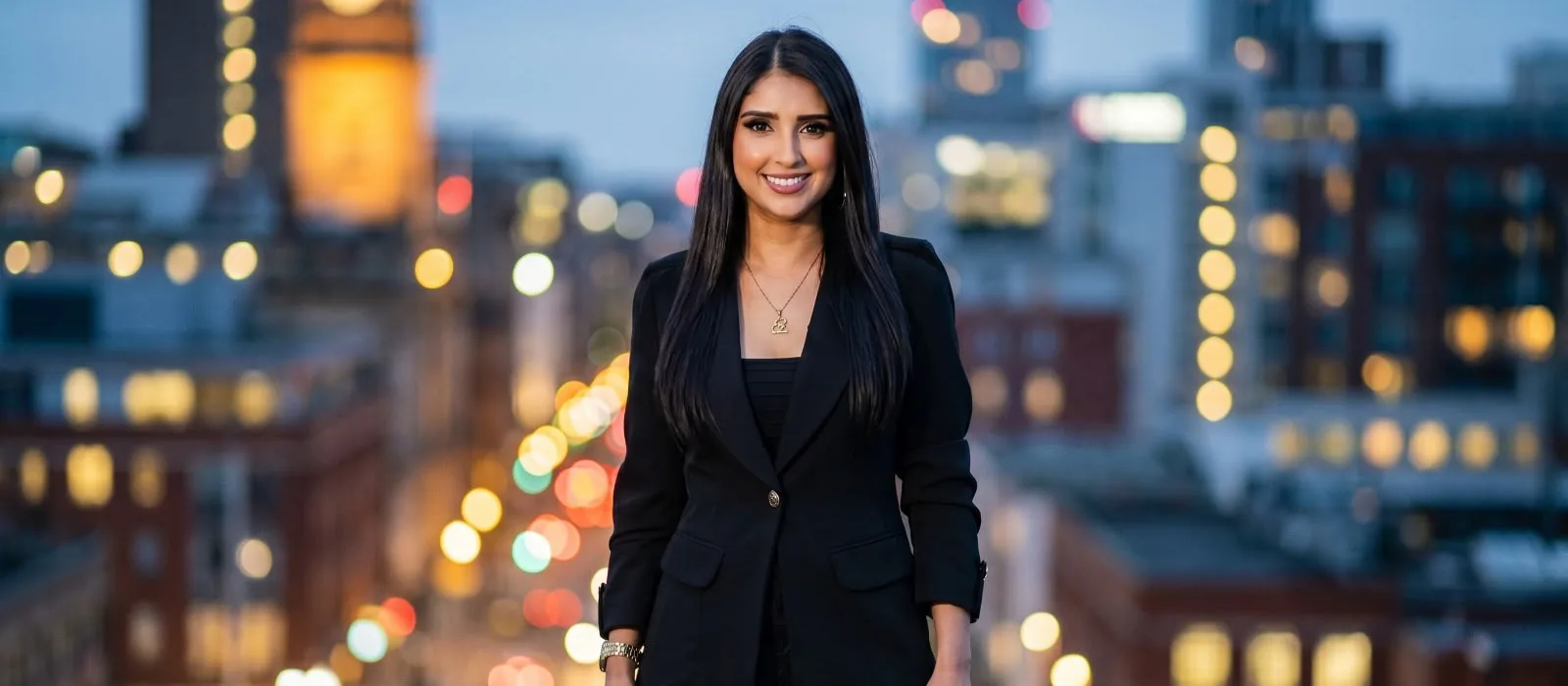 Jeinny García en una terraza con la ciudad iluminada de fondo