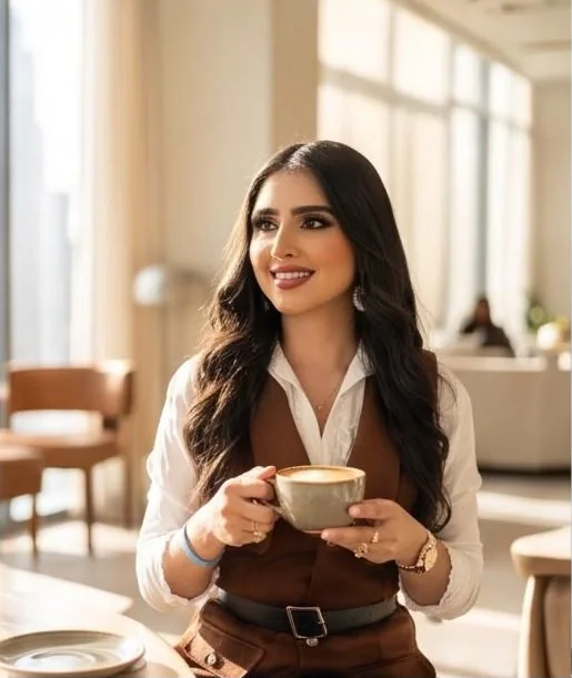 Jeinny García sonriendo con una taza de café en un espacio luminoso